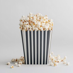 Classic Striped Paper Box Filled with Fresh Popcorn on White Background