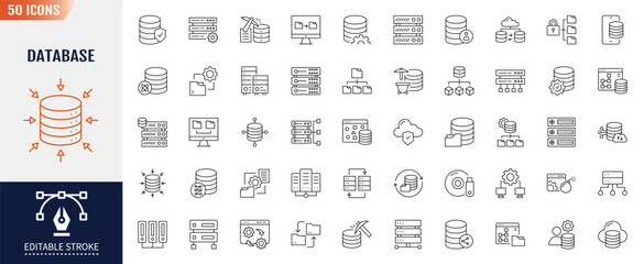 Database line icon set. Editable stroke. Containing as System, Access, Server, Backup, Relational Database, and more. Vector illustration