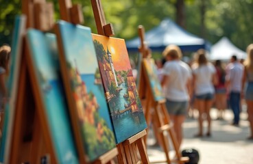 Artwork displayed at outdoor art festival. Paintings on easels showcase creativity. Crowd enjoys paintings in blurred summer park scenery. Paintings selling outdoor for tourists, townspeople at