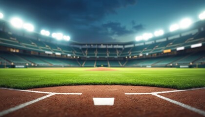 Baseball diamond field with lush green grass under stadium lights. Perfectly aligned pitchers mound ready action. Sport arena seats awaiting fans to enjoy the match game, cheer sport team.