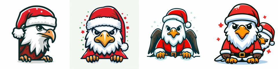 Bald Eagle wearing Santa Claus costumes peeking from behind a minimalist vector drawing of a snowy evergreen.