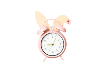 PNG, Alarm o’clock, pink clock with bunny ears, isolated on white background