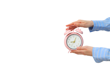 PNG, Alarm o’clock, pink alarm clock in hands, with space for text, isolated on white background