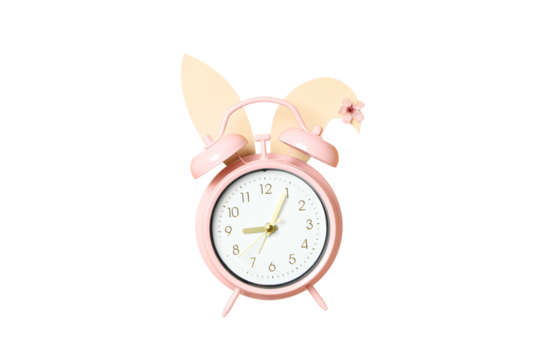 PNG, Alarm o’clock, pink clock with bunny ears, isolated on white background - Powered by Adobe