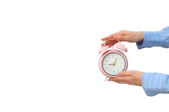 PNG, Alarm o’clock, pink alarm clock in hands, with space for text, isolated on white background