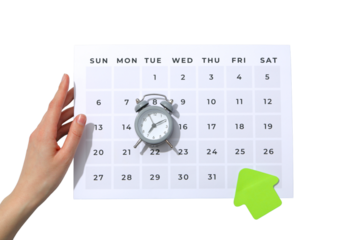 PNG, Alarm o’clock, calendar with hand and alarm clock, isolated on white background