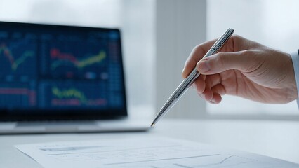 Close-up of a silver pen held over a financial report with stock market data displayed on a laptop screen in the background.