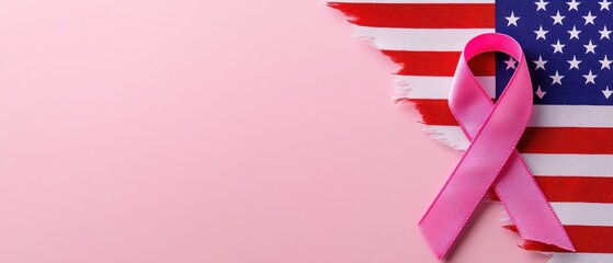 A pink ribbon symbolizing breast cancer awareness against the USA flag background.