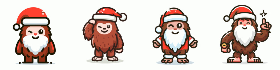 Bigfoot wears Santa Claus costumes winking a mischievous grin in a simple vector outline drawing