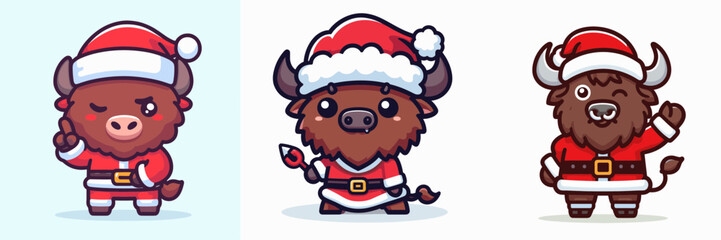 Bison wear Santa Claus costumes raising one eyebrow a simple vector graphic depicting jolly wild bovine holiday spirit