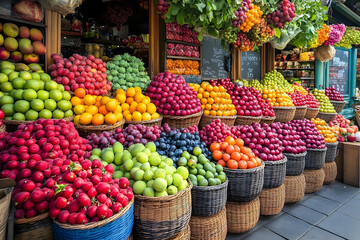 Vibrant fruit market display showcasing a variety of fresh produce in woven baskets under greenery