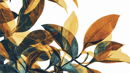 Close-up view of stylized autumn leaves against a white background. The leaves exhibit a variety of colors, predominantly golden yellows, deep browns, and teal greens.  The image has an abstract