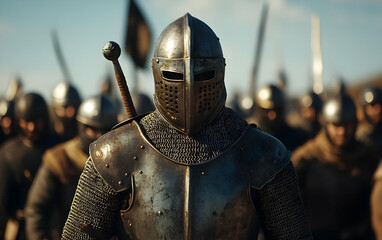 A group of medieval soldiers stands ready for battle, clad in armor, showcasing the valor and determination of historic warriors.