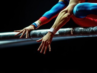Close-up of a gymnast's hands gripping parallel bars during a routine.