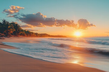 A breathtaking beach scene with the sun setting over the water
