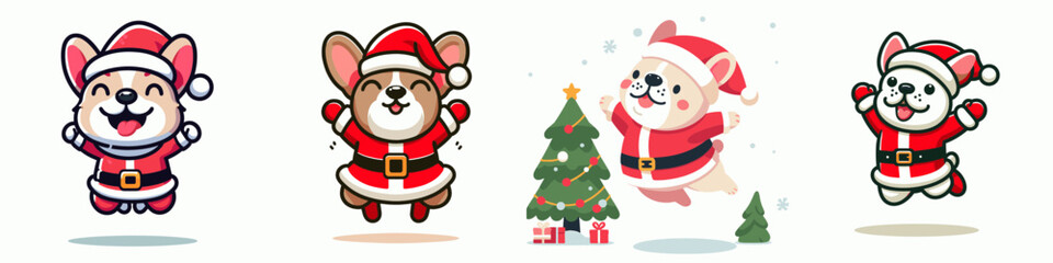 French Bulldog wearing a Santa outfit jumps with joy a minimalist vector drawing of festive fun
