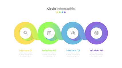Modern circular template for infographic. Business timeline process with marketing icons and 4 options, steps or parts. Vector illustration.