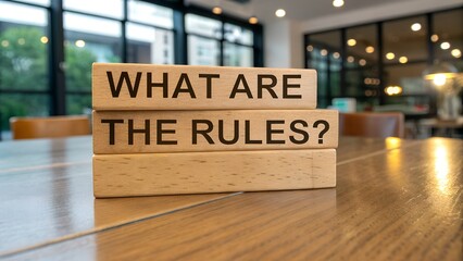 A close-up of four wooden blocks stacked on top of each other, with bold black text printed on each block spelling out ‘WHAT ARE THE RULES?’. The background features a blurred modern office