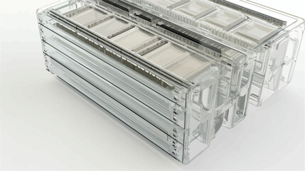 High-angle, close-up shot of several transparent rectangular components stacked on a white background.  The components appear to be made of a translucent material, showcasing internal metallic