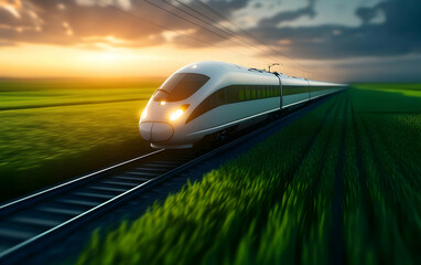 Fototapeta premium A high-speed train gliding through lush green fields at sunset, symbolizing modern transportation and travel.
