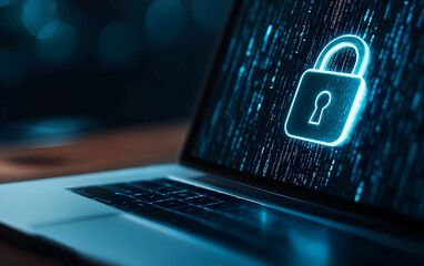 A laptop screen displaying a digital lock symbol, representing cybersecurity and data protection in the modern digital world.