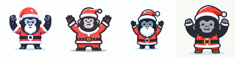 Gorilla wear Santa Claus costumes hands raised in celebration a joyous festive vector illustration