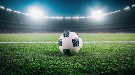 Soccer Ball Resting on Lush Green Stadium Field in Evening Light