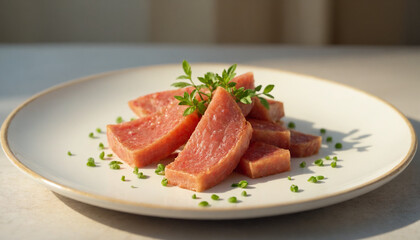 Sliced meat on a plate with fresh herbs under soft natural light in a bright setting