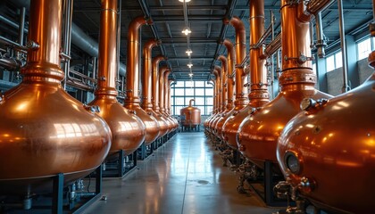 Modern cooper tanks inside at whiskey distillery. Industrial production line with copper kettles, vessels. Metal vats, tubes in brewery. Alcoholic beverage manufacture. Whiskey distilling plant.