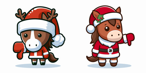 Horse wear Santa Claus costumes giving a thumbs down vector graphic simple minimalist doodle depicting festive disapproval.