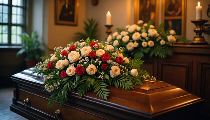 Elegant funeral setting with wooden casket and floral arrangements of roses and greenery