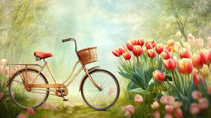Fototapeta premium Vintage Bicycle Surrounded by Colorful Tulips in a Serene Landscape