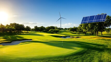 Golf field renewable energy, wind turbine, solar panels, green future, nature
