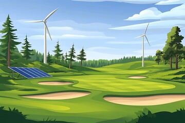 Eco golf course using solar and wind energy with forest and field background