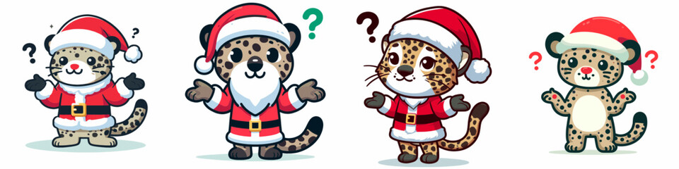 Leopard wear Santa Claus costumes shrugging minimalist vector graphic a festive feline fashion disaster