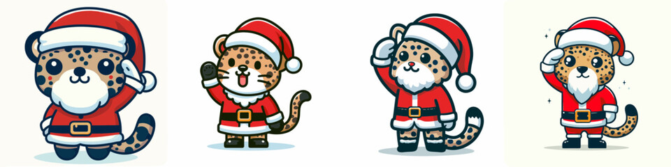 Obraz premium Leopard wear Santa Claus costumes sitting on a bench a minimalist vector graphic depicting a festive winter scene.