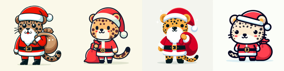 Leopard wear Santa Claus costumes standing with a sack on shoulder a minimalist vector graphic showing festive big cats.