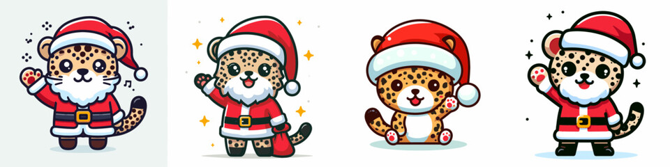 Leopard wear Santa Claus costumes waving hand a cheerful minimalist vector drawing of festive big cats