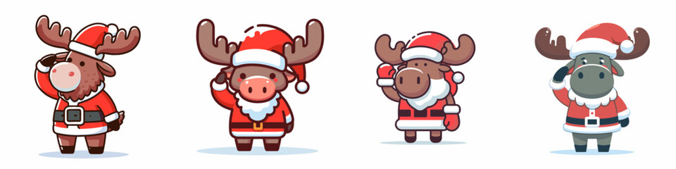Moose wear Santa Claus costumes saluting a minimalist vector graphic of jolly festive woodland creatures