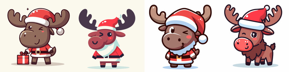 Fototapeta premium Moose wear Santa Claus costumes winking minimalist vector graphic a festive woodland scene