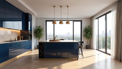 Fototapeta premium Modern open space kitchen features blue cabinets, parquet flooring, large window with city view. Minimalist design enhanced by island, hanging lamps. Bright, elegant interior offers functional