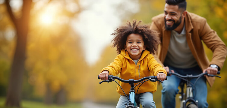 Happy dad with kid ride bikes in autumn park. Father teaches child to ride bicycle, family spend time together outdoor. Parenting, childhood, happy family leisure.