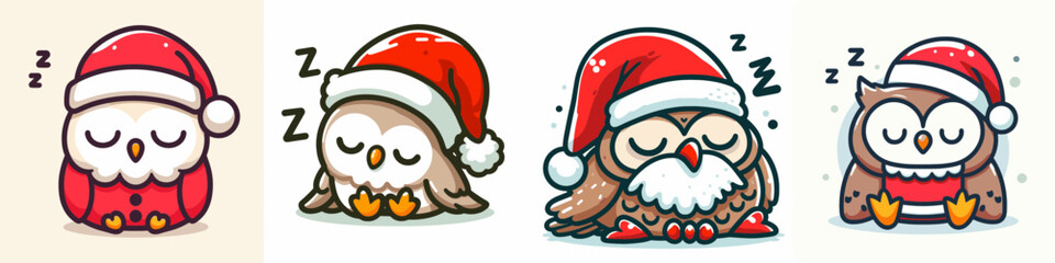 Owl wear Santa Claus costumes sleeping peacefully a minimalist vector drawing of a festive winter nap