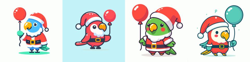 Parrot wear Santa Claus costumes holding a balloon vector graphic simple design festive bird holiday illustration