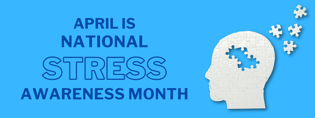 Stress month, head made of white puzzles on a blue background with text, top view
