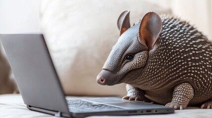 Obraz premium Armadillo Uses Laptop on Couch, Exploring Technology with Wildlife