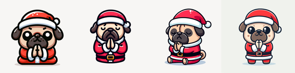 Pug Dog wear Santa outfit Praying Hands Gesture simple vector graphic a festive Christmas pet doodle
