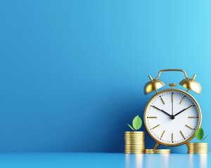 An elegant alarm clock beside stacks of coins and green leaves on a blue background.