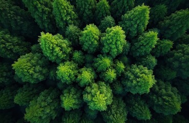 Top down aerial view of dark green lush forest. Green trees canopies in summer on hill. Scenic jungle rainforest scenery, high vibrant foliage. Conservation, preservation concept.