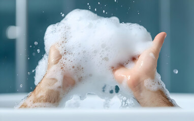 Fototapeta premium A person enjoying a bubble bath, showcasing hands filled with soap bubbles, symbolizing relaxation and self-care.